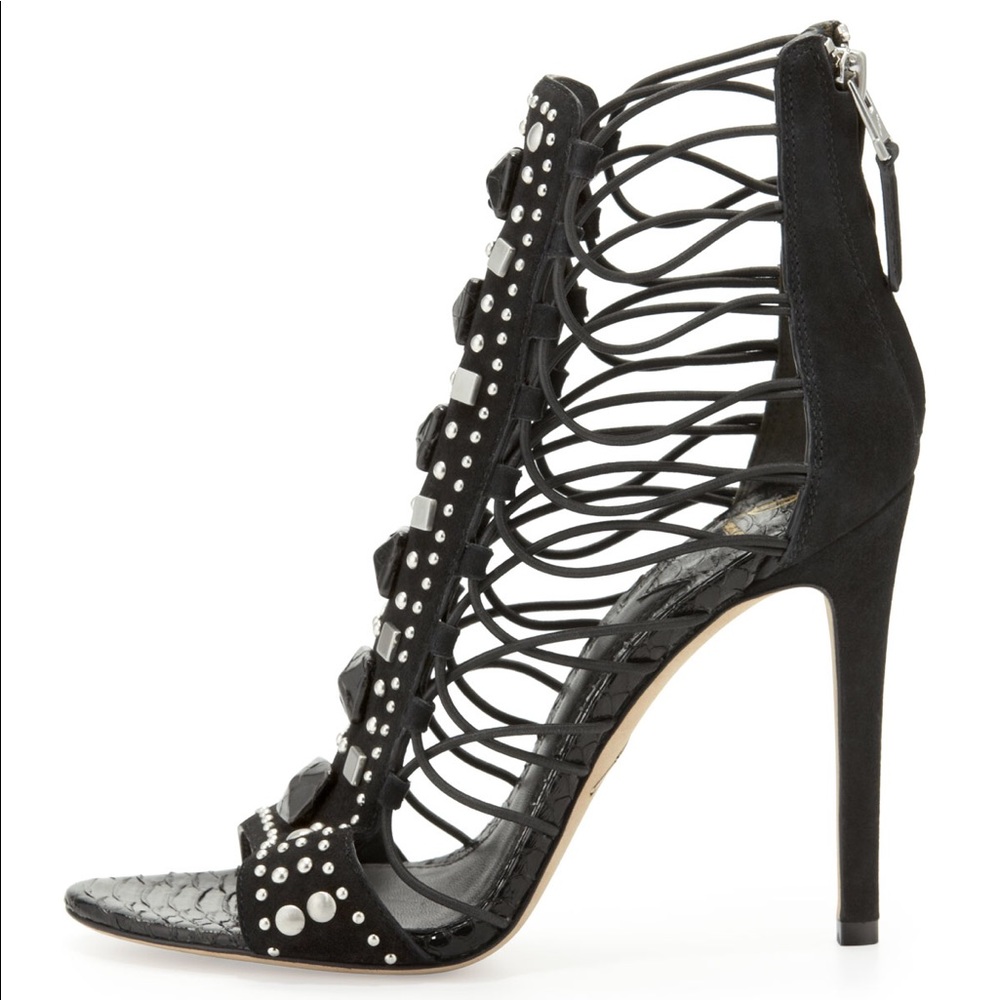 Lalouche Studded Suede Snakedetail Cage Sandal
